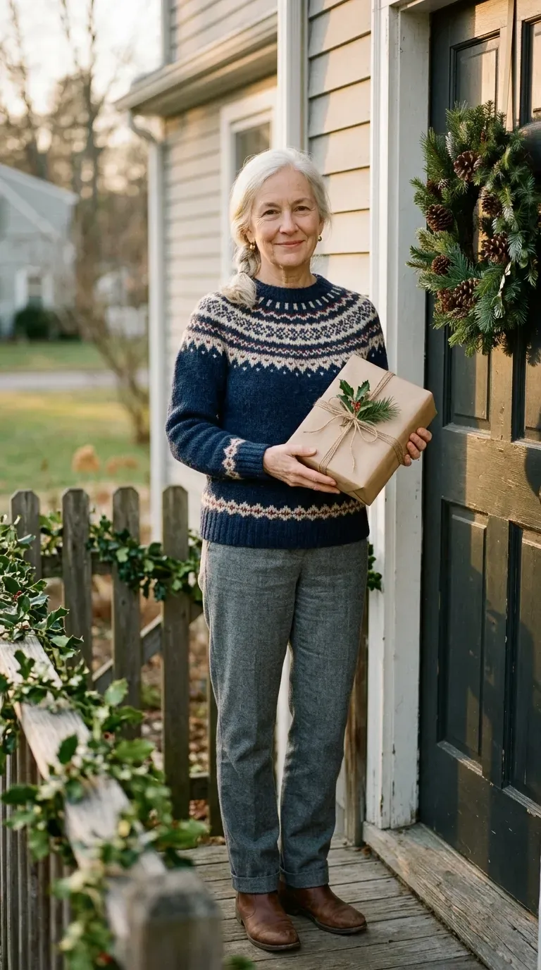 Woman over 50 in navy Fair Isle sweater and gray trousers at a Christmas family gathering