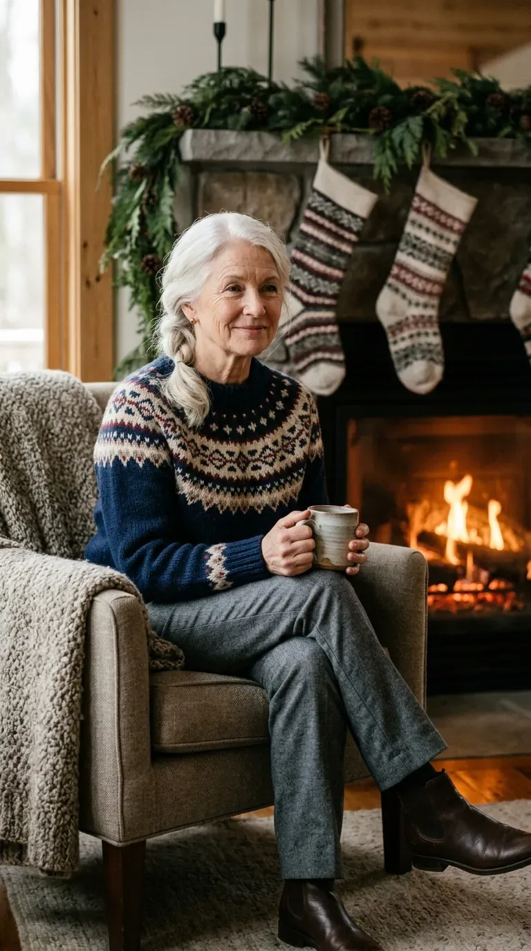 Woman over 50 in navy Fair Isle sweater and gray trousers holding a mug by a fireplace