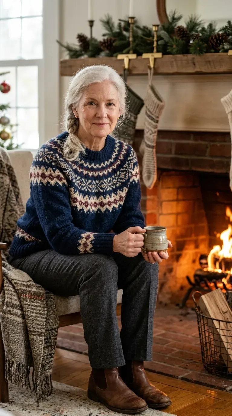 Woman over 50 in navy Fair Isle sweater and gray trousers holding a mug by a fireplace