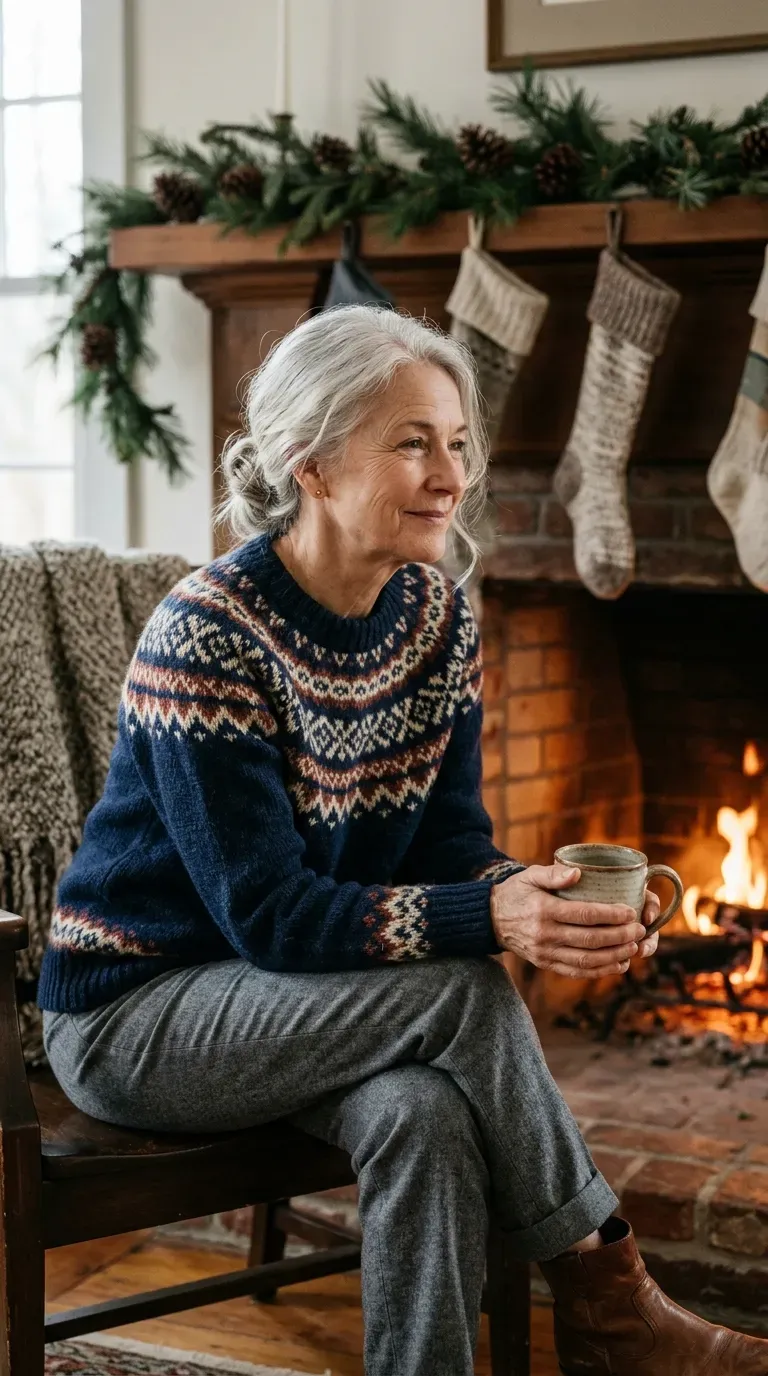Woman over 50 in navy Fair Isle sweater and gray trousers holding a mug by a fireplace