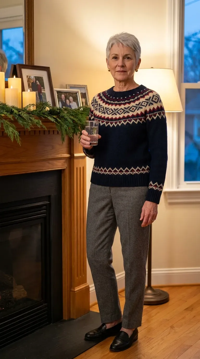 White woman in a navy Fair Isle sweater and gray wool trousers by a decorated mantel