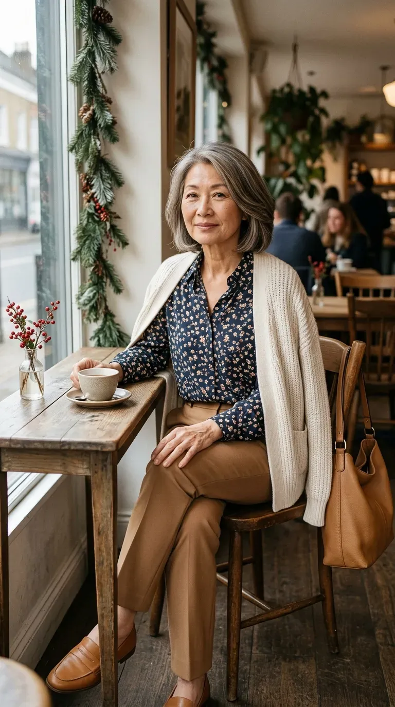 Woman in navy floral blouse, camel trousers and cream cardigan holding tea at a holiday brunch