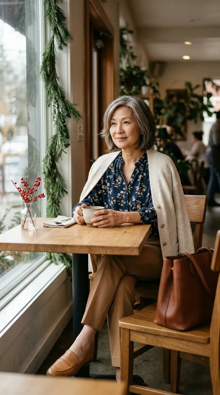 Woman in navy floral blouse, camel trousers and cream cardigan at a holiday brunch