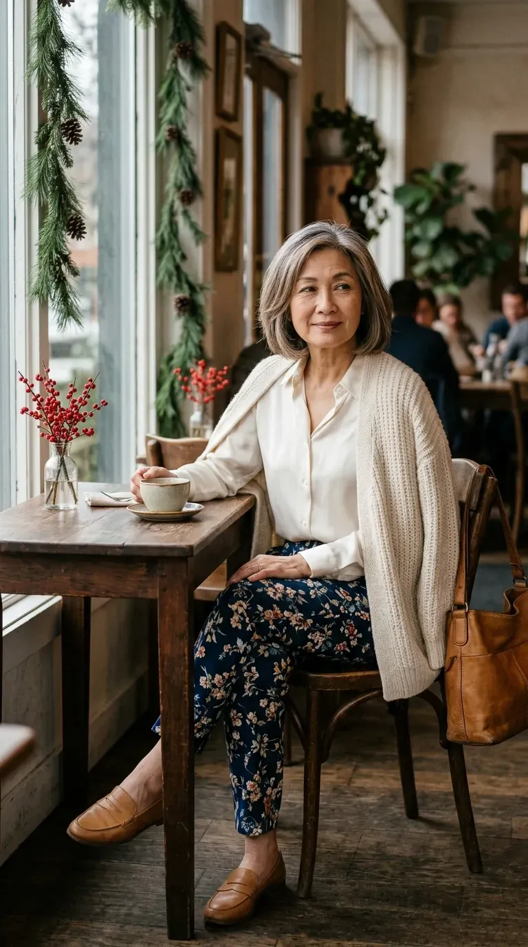 Asian woman in navy floral trousers and a cream cardigan holding tea at a holiday brunch
