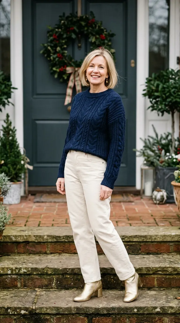 Woman over 50 in navy knit, cream jeans and gold ankle boots for a Christmas card photo
