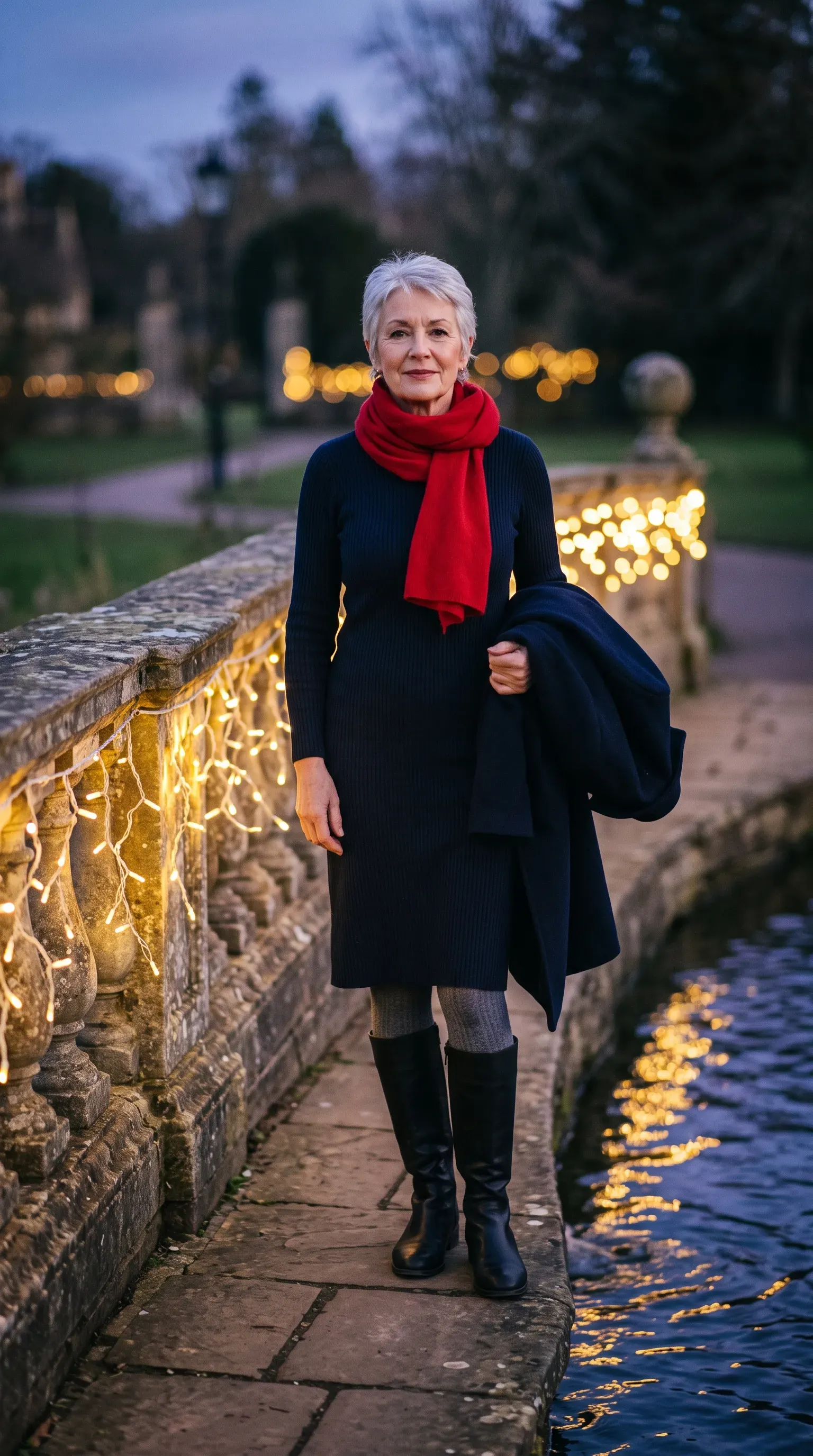 Woman in navy knit dress, gray tights and tall boots on a bridge with string lights