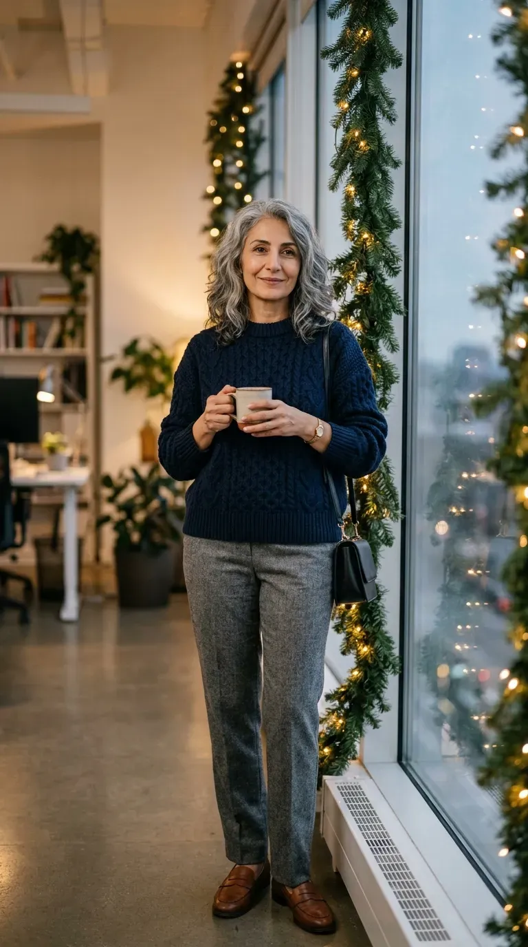 Woman over 50 in navy knit, gray trousers and loafers at a party
