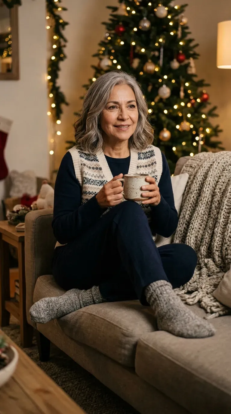 Woman over 50 in navy knit loungewear set and cream Fair Isle vest for a Christmas movie night