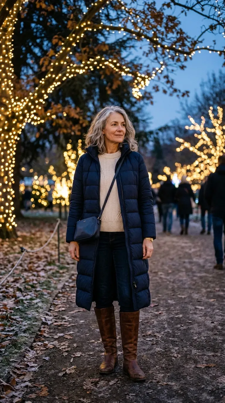 Woman over 50 in navy long puffer, cream knit and brown knee-high boots at Christmas lights