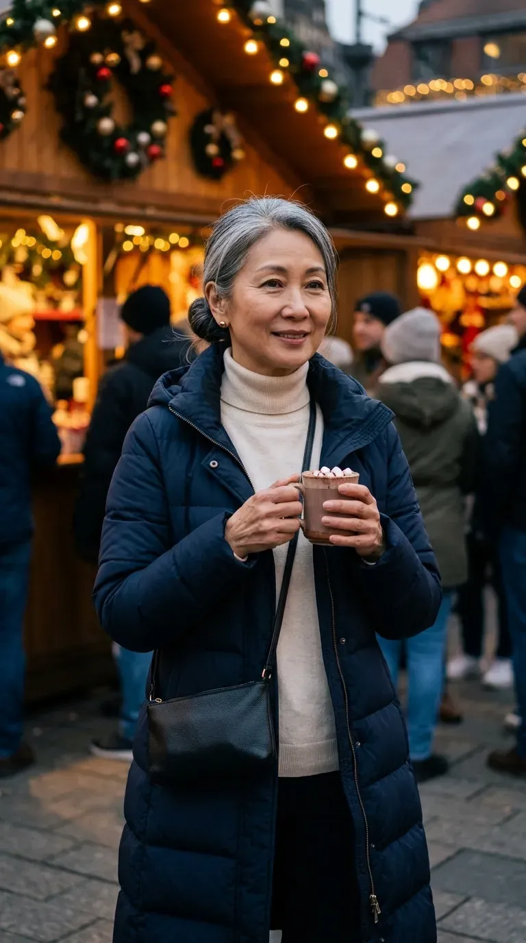 Woman over 50 in navy long puffer, cream turtleneck and straight jeans at a Christmas market