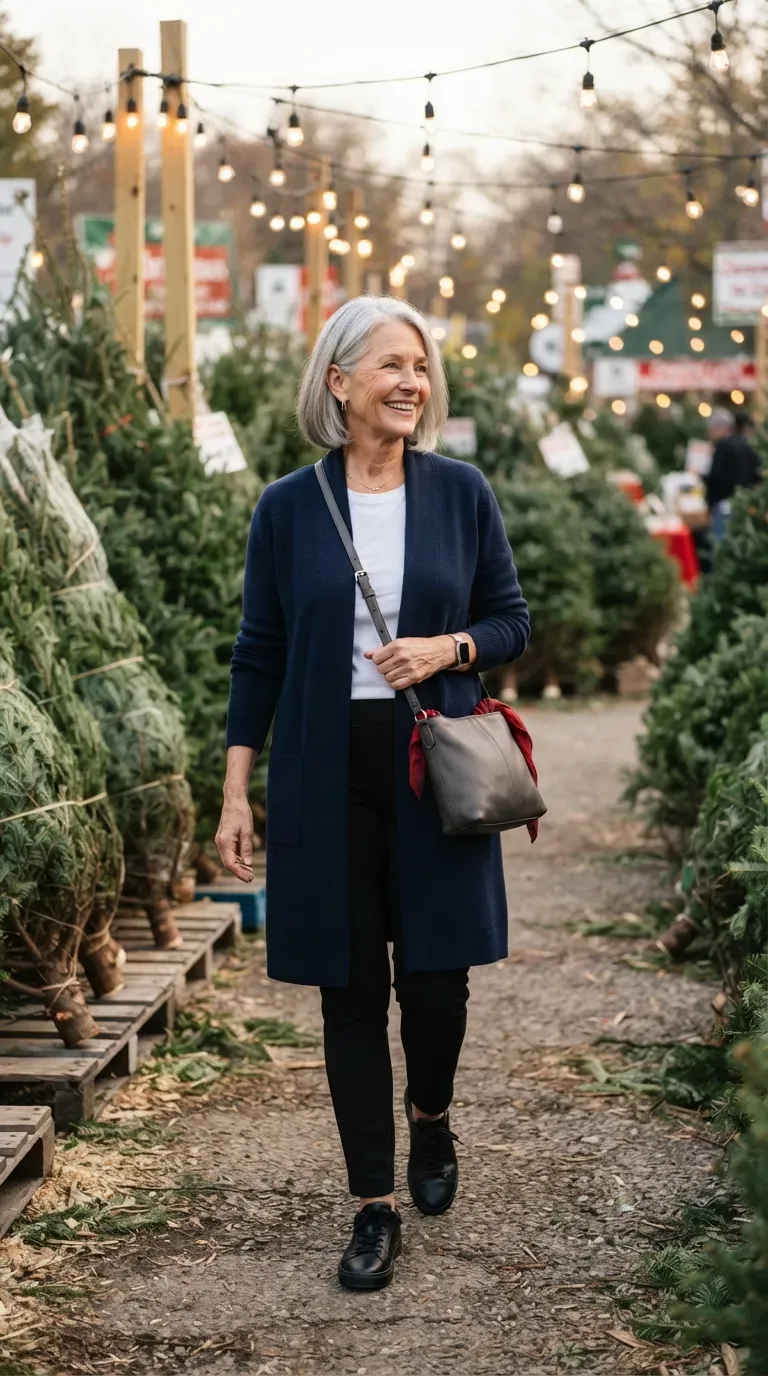 Woman over 50 in a navy longline cardigan coat and black ponte pants walking past a Christmas tree lot