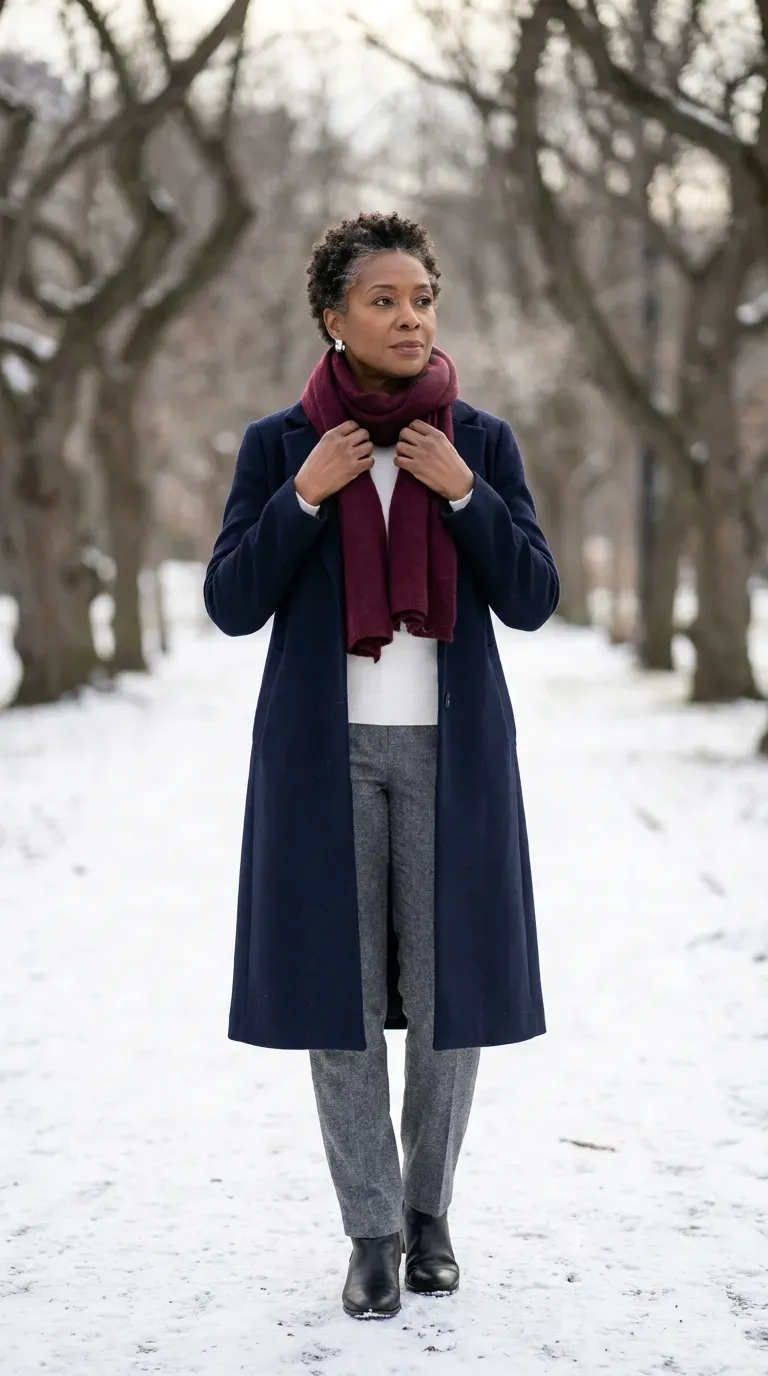 Woman over 50 in navy longline coat and gray flannel trousers on a snowy park path
