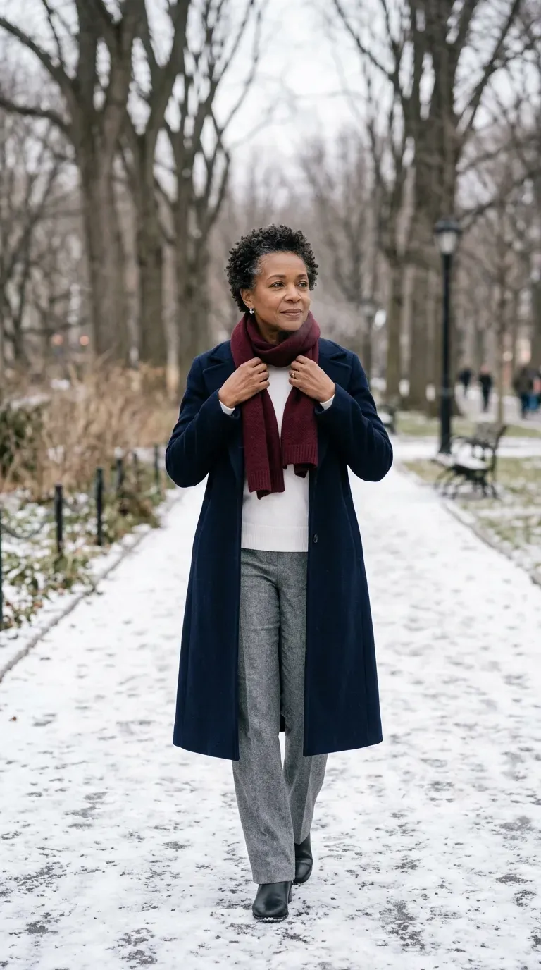 Woman over 50 in navy longline coat and gray flannel trousers on a snowy park path