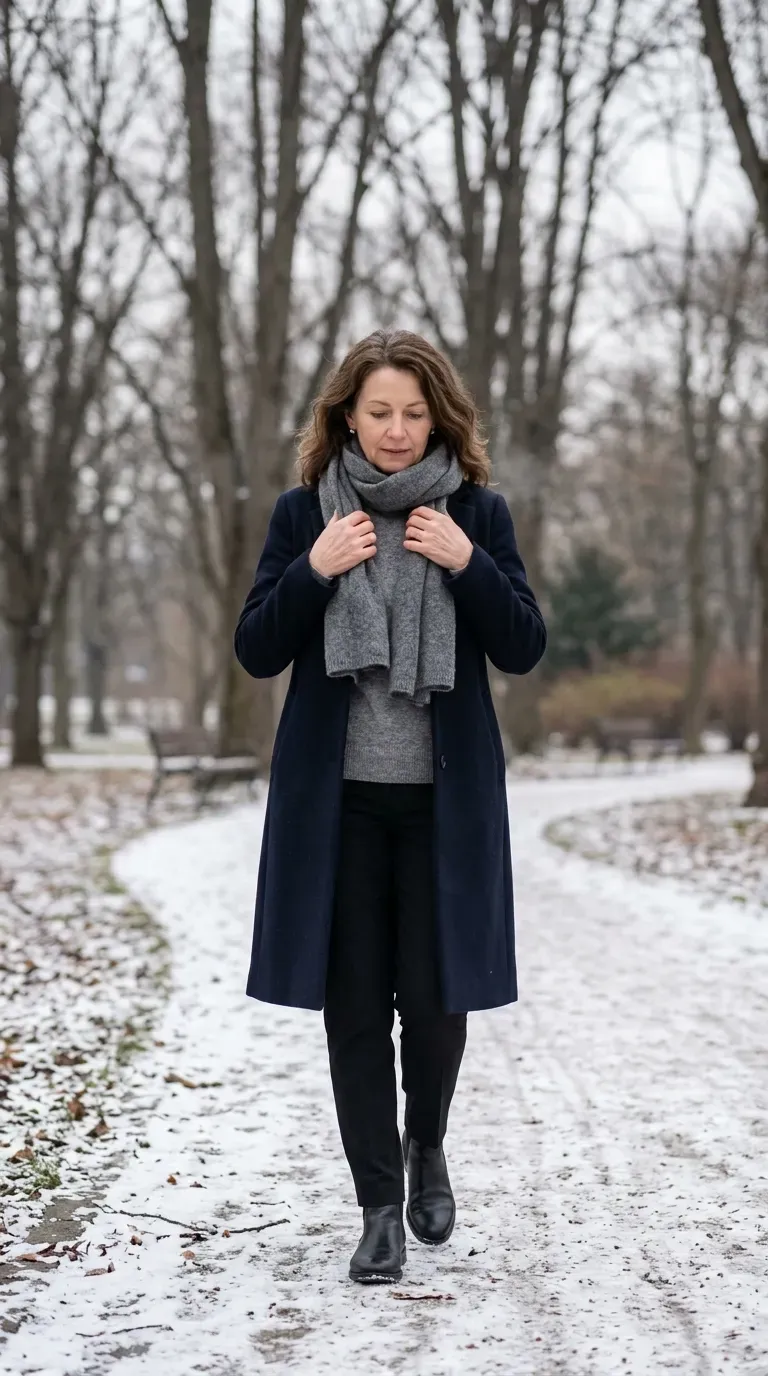 Woman over 50 in navy longline coat, gray sweater and black trousers on a snowy park path