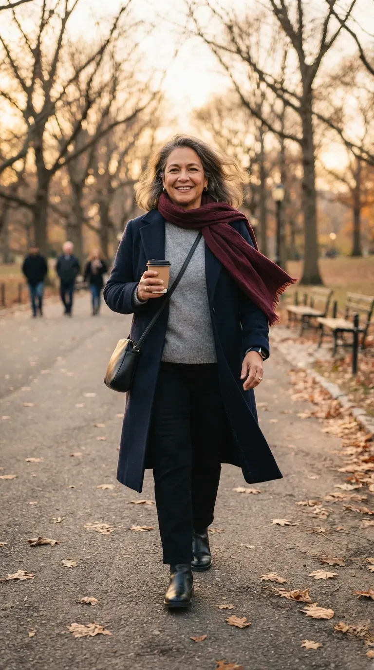 Latina plus-size woman in a navy longline coat, gray knit and black trousers on a park path