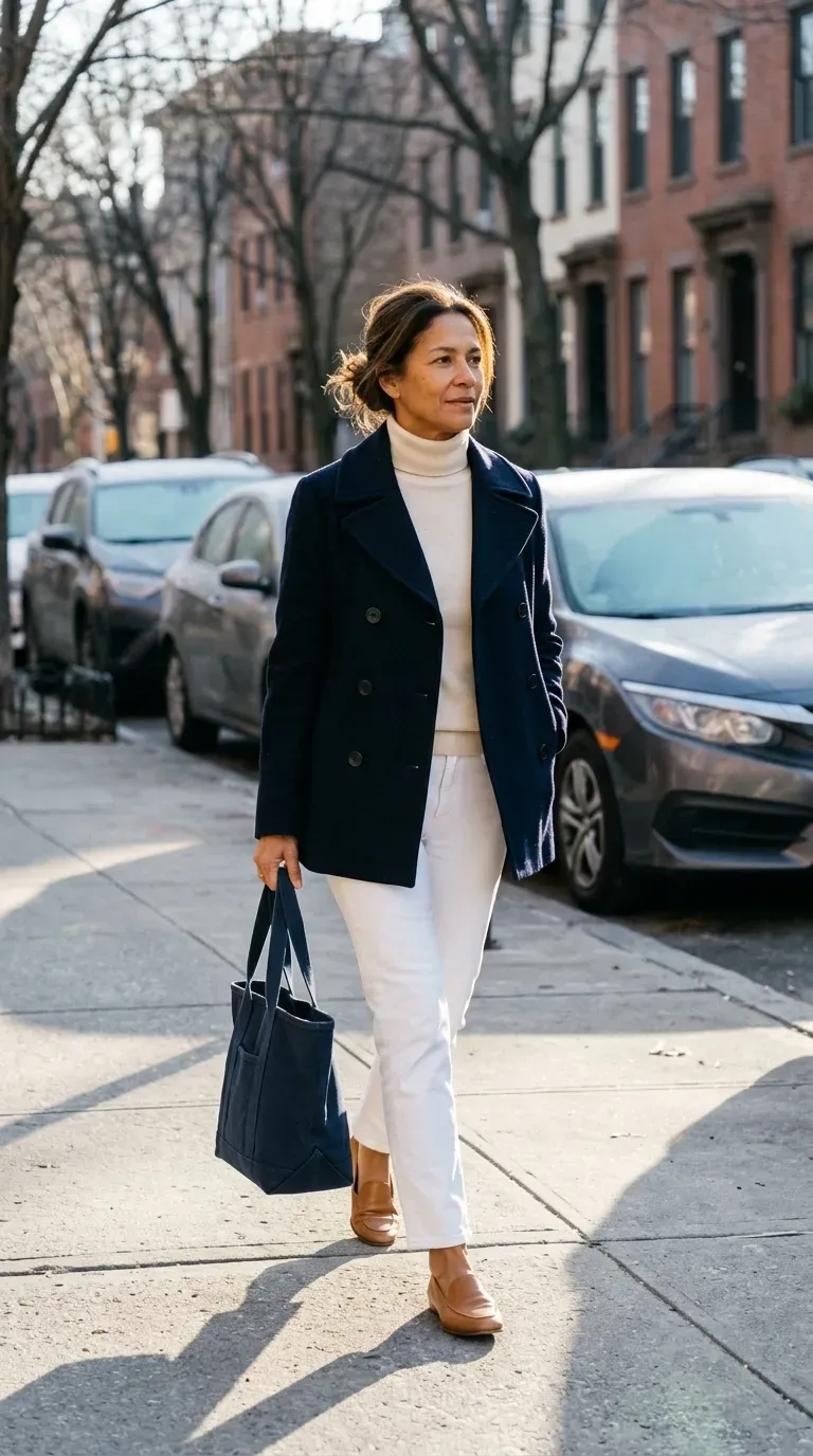 Woman over 50 in navy pea coat and white jeans on a crisp winter Christmas morning