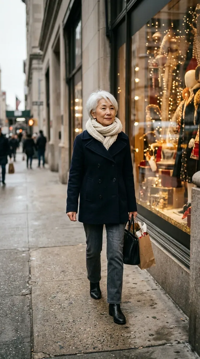 Woman over 50 in navy peacoat, cream scarf and gray jeans outside a department store