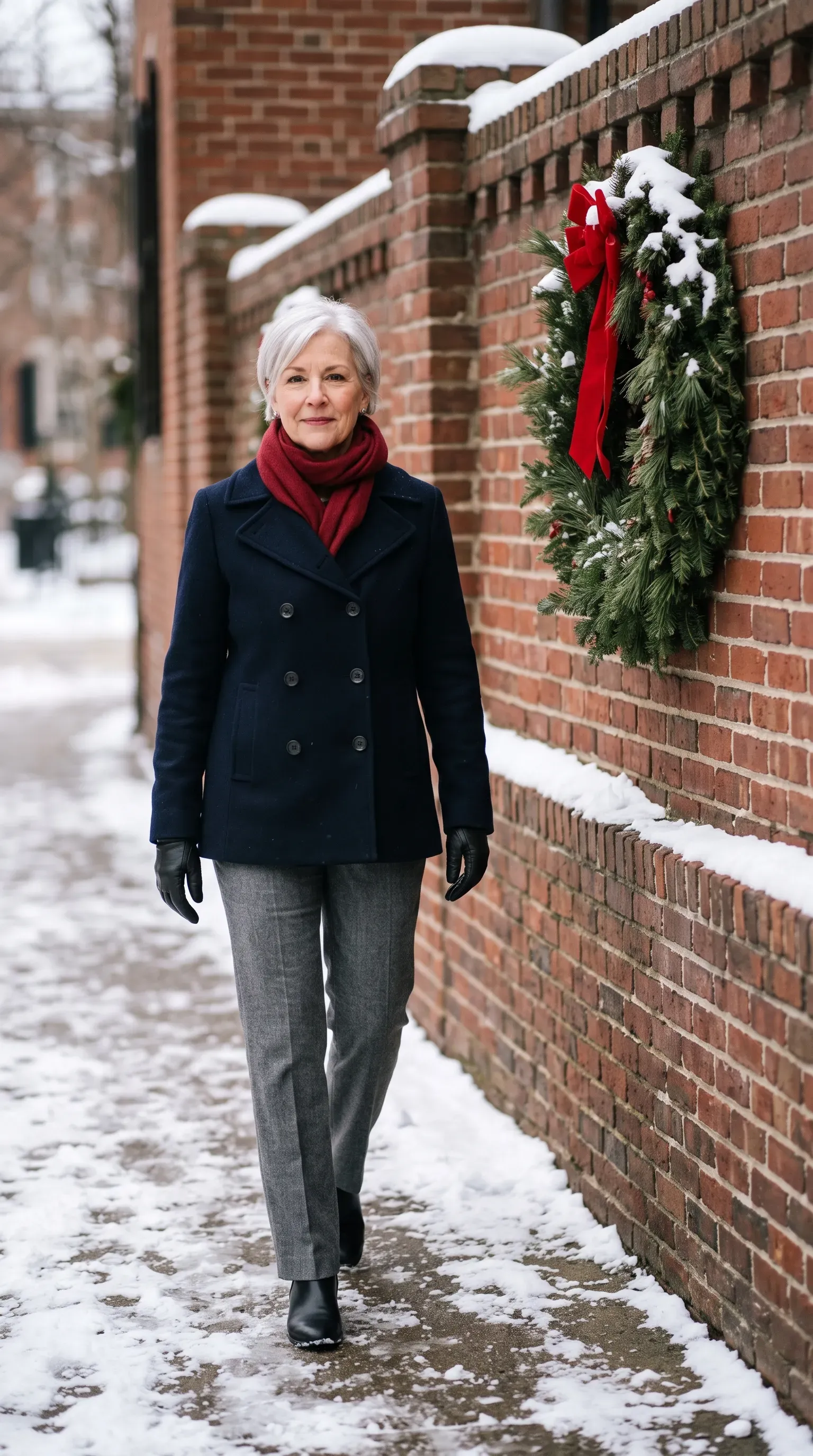 Woman in navy peacoat, red scarf and gray trousers beside a brick wall with a wreath