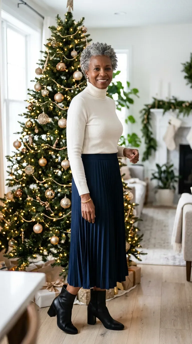 Woman over 50 in navy pleated midi skirt and ivory turtleneck beside a Christmas tree