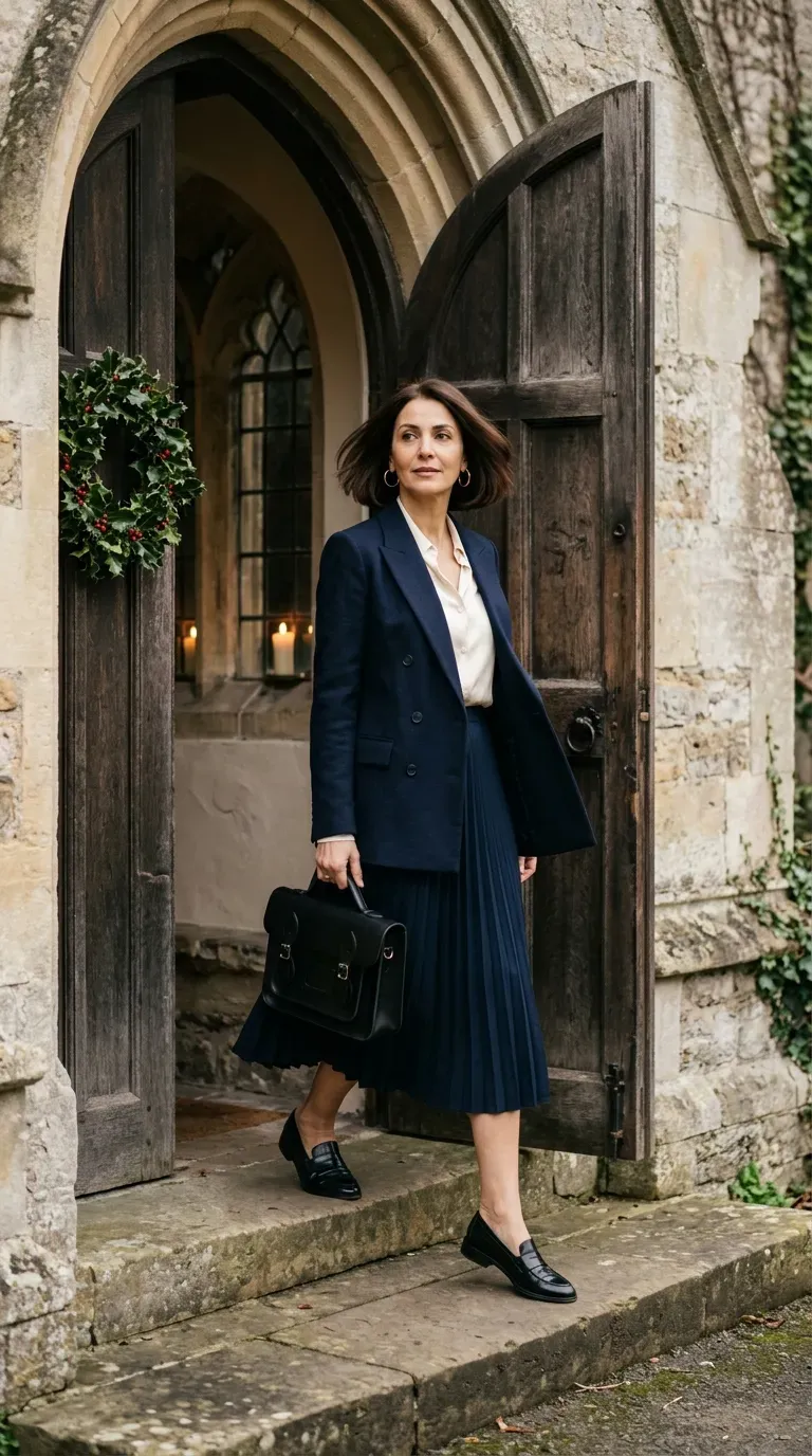 Woman over 50 in navy pleated skirt, cream blouse and navy blazer at a church entrance
