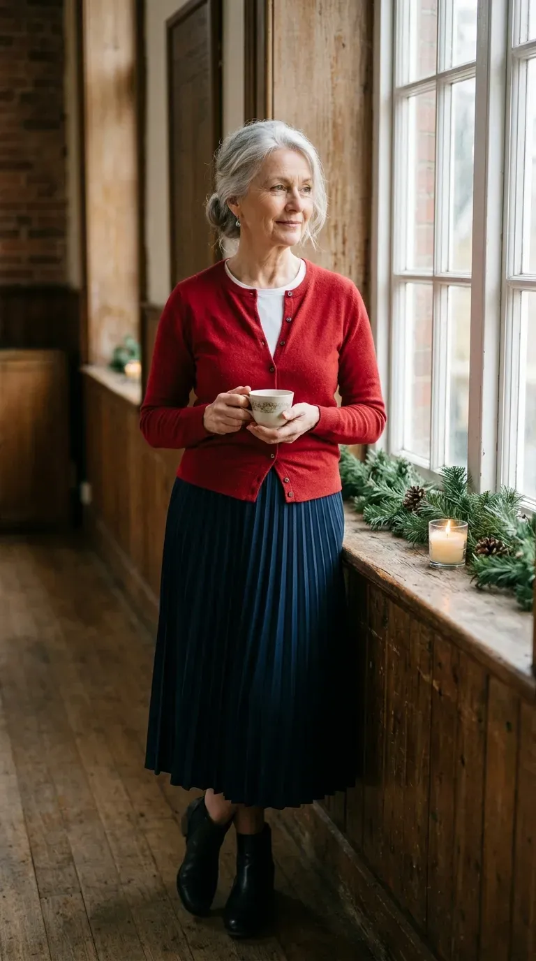 White woman in navy pleated midi skirt and red cardigan holding tea in a church hall