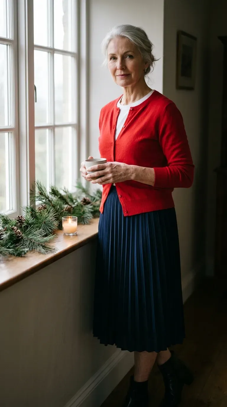 White woman in a navy pleated midi skirt and red cardigan holding tea by a window