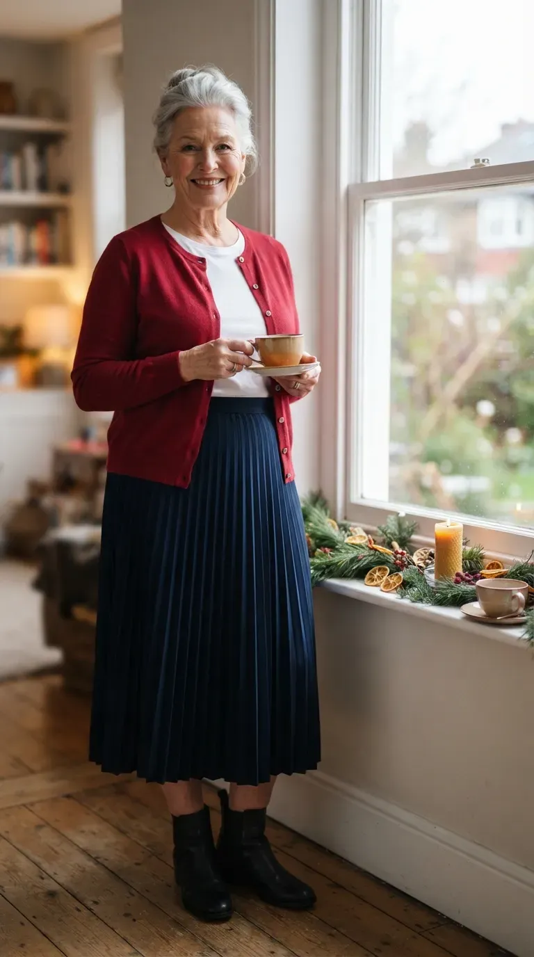 White plus-size woman in a navy pleated midi skirt and red cardigan holding tea by a window
