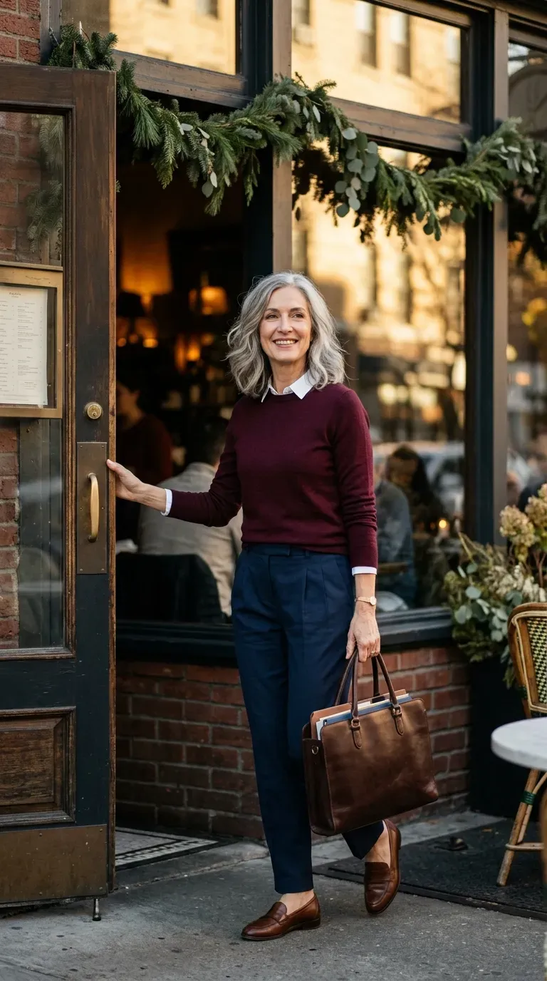 Woman over 50 in navy pleated trousers and burgundy knit near a restaurant