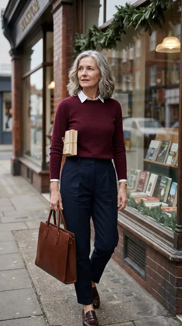 Woman over 50 in navy pleated trousers and burgundy knit near a bookstore window