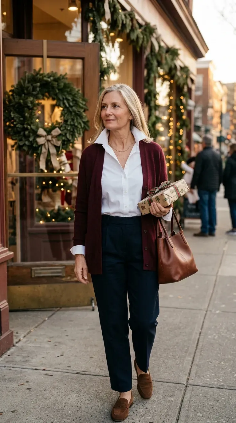 Woman in navy pleated trousers, white shirt and burgundy cardigan outside a holiday storefront