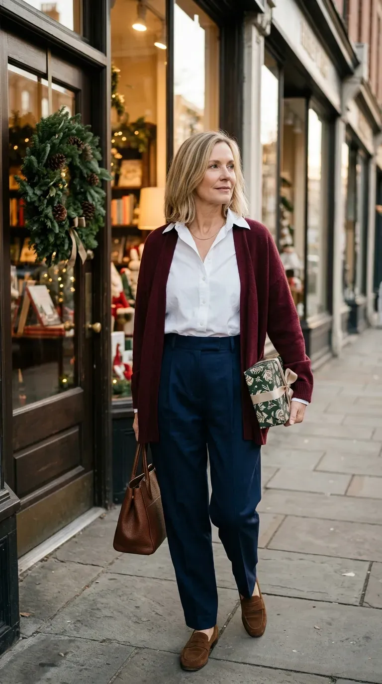 Woman in navy pleated trousers, white shirt and burgundy cardigan near a holiday storefront