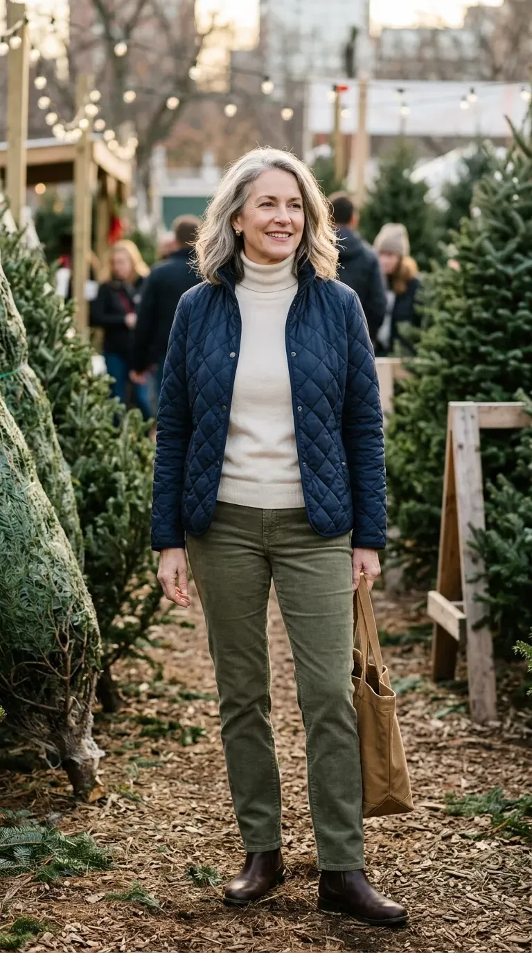 Woman over 50 in navy quilted jacket, cream turtleneck and corduroy trousers at a tree farm