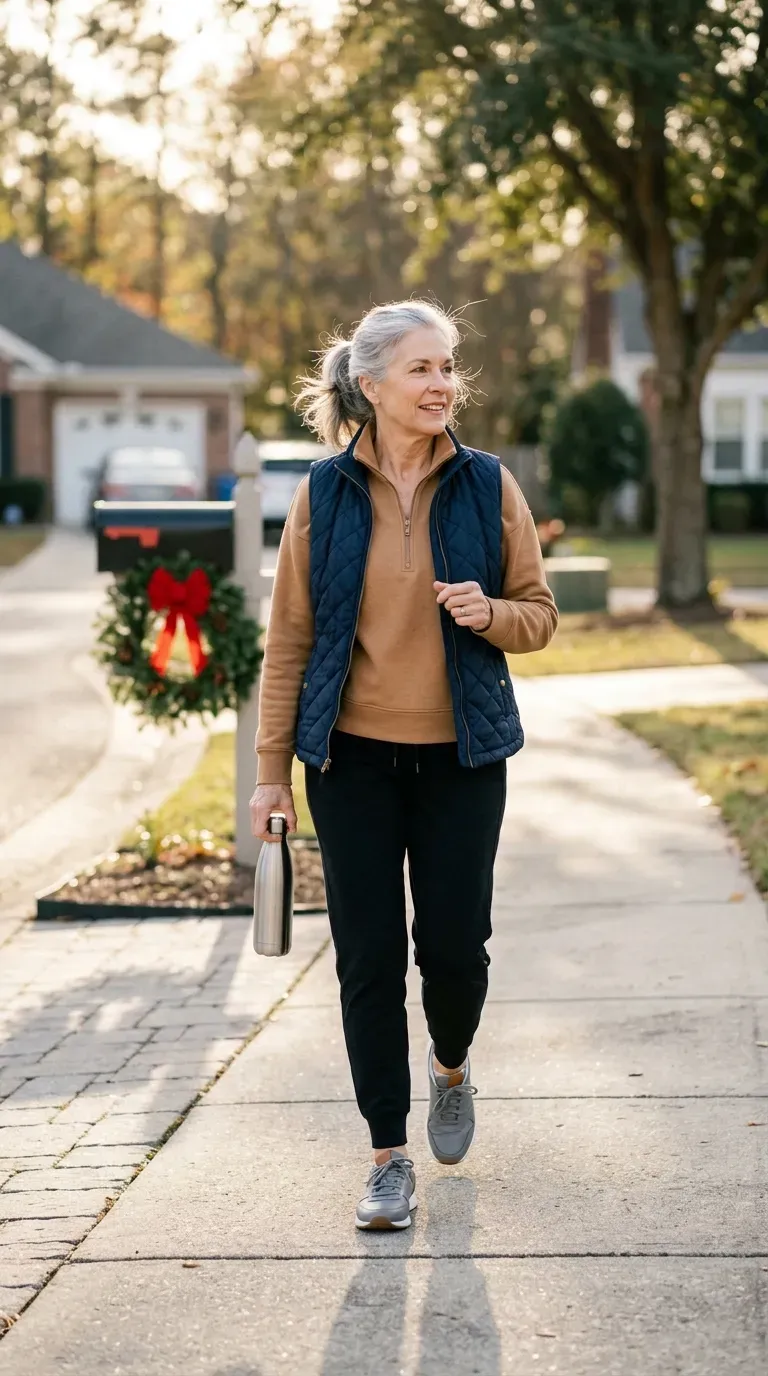 Woman over 50 in navy quilted vest, camel quarter-zip and black joggers on a walk