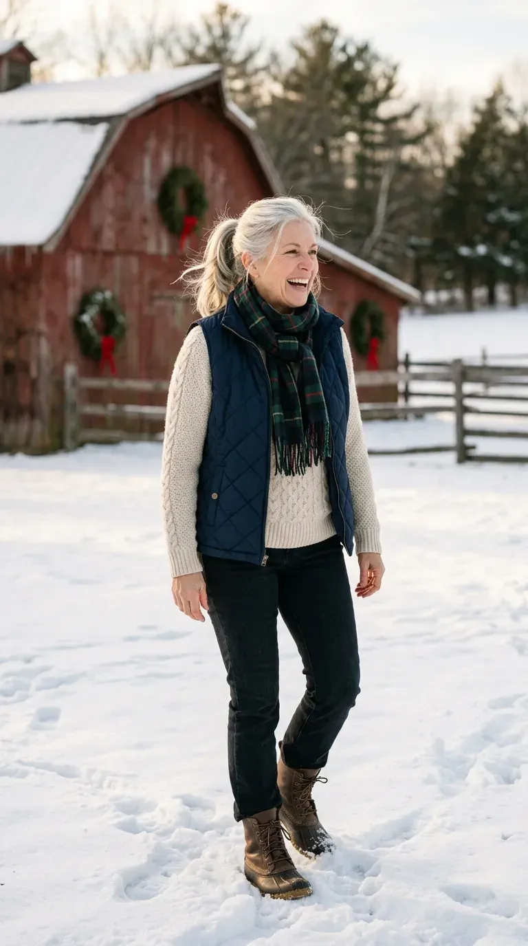 Woman over 50 in navy quilted vest, cream sweater and dark jeans at a snowy farm