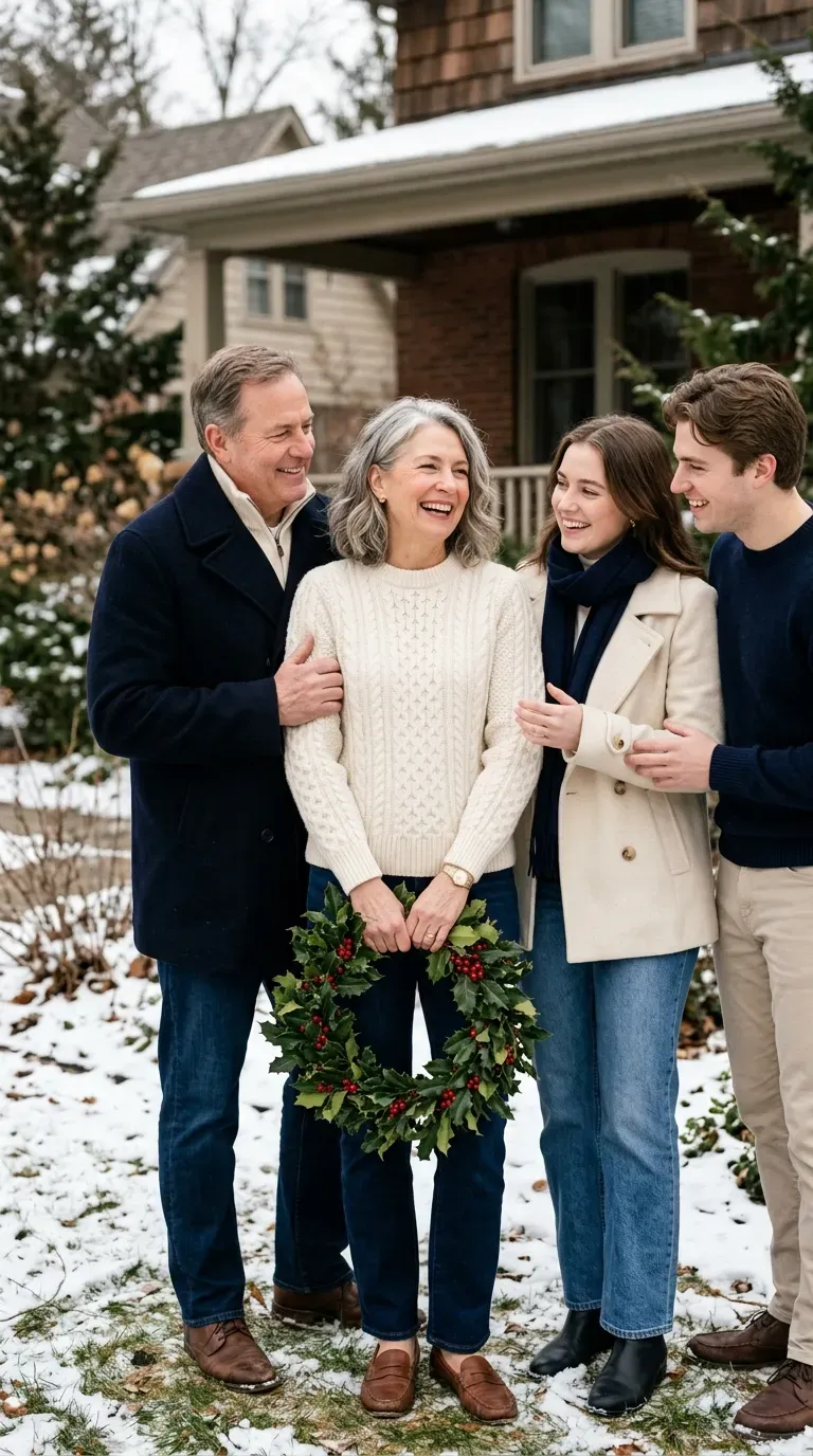 Woman over 50 in navy knit with red scarf for a coordinated Christmas family photo
