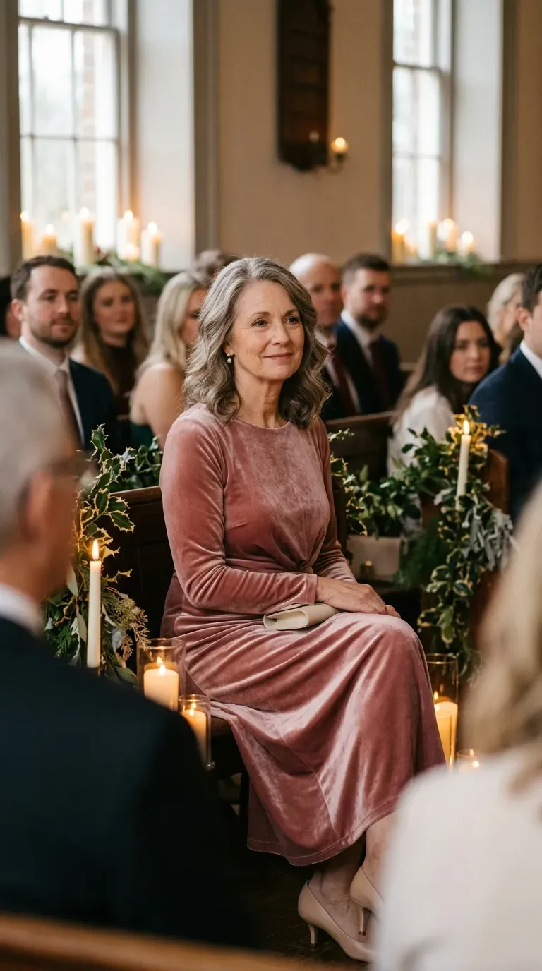 Woman over 50 in navy satin midi dress, gold blazer and gold heels at a winter wedding