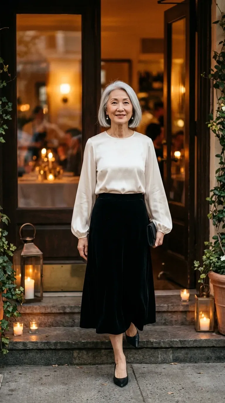 Woman over 50 in navy satin slip dress and camel blazer at a Christmas date restaurant