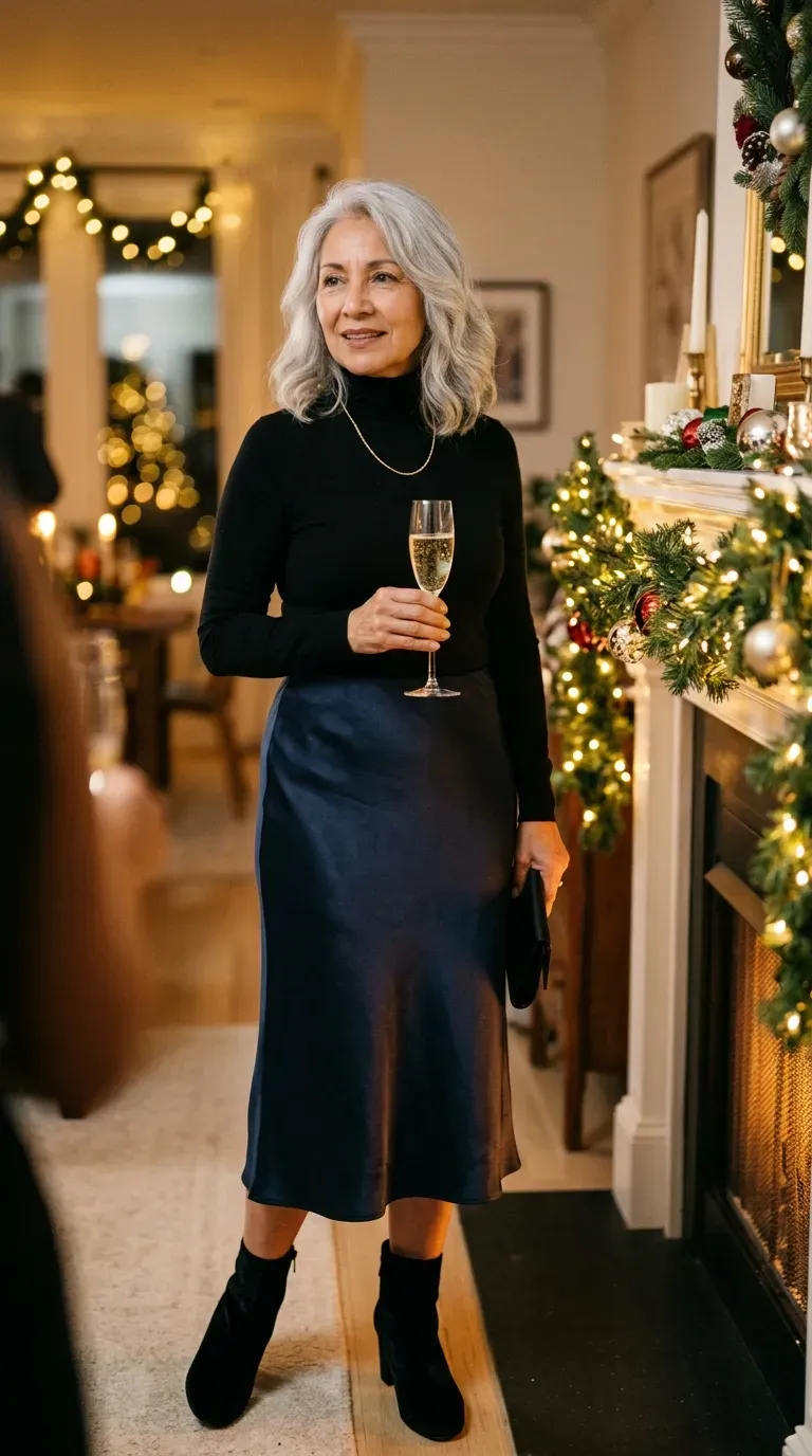 Woman over 50 in navy satin slip skirt, black turtleneck and velvet boots at a party