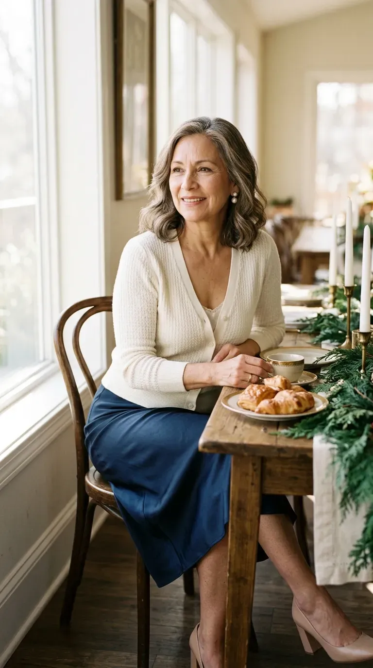 Woman over 50 in navy satin slip skirt and ivory cardigan at a brunch table