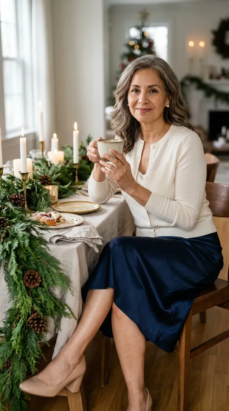 Woman over 50 in navy satin slip skirt and ivory cardigan at a holiday table