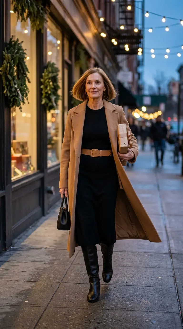 Woman over 50 in navy satin slip skirt and ivory cardigan at a holiday table