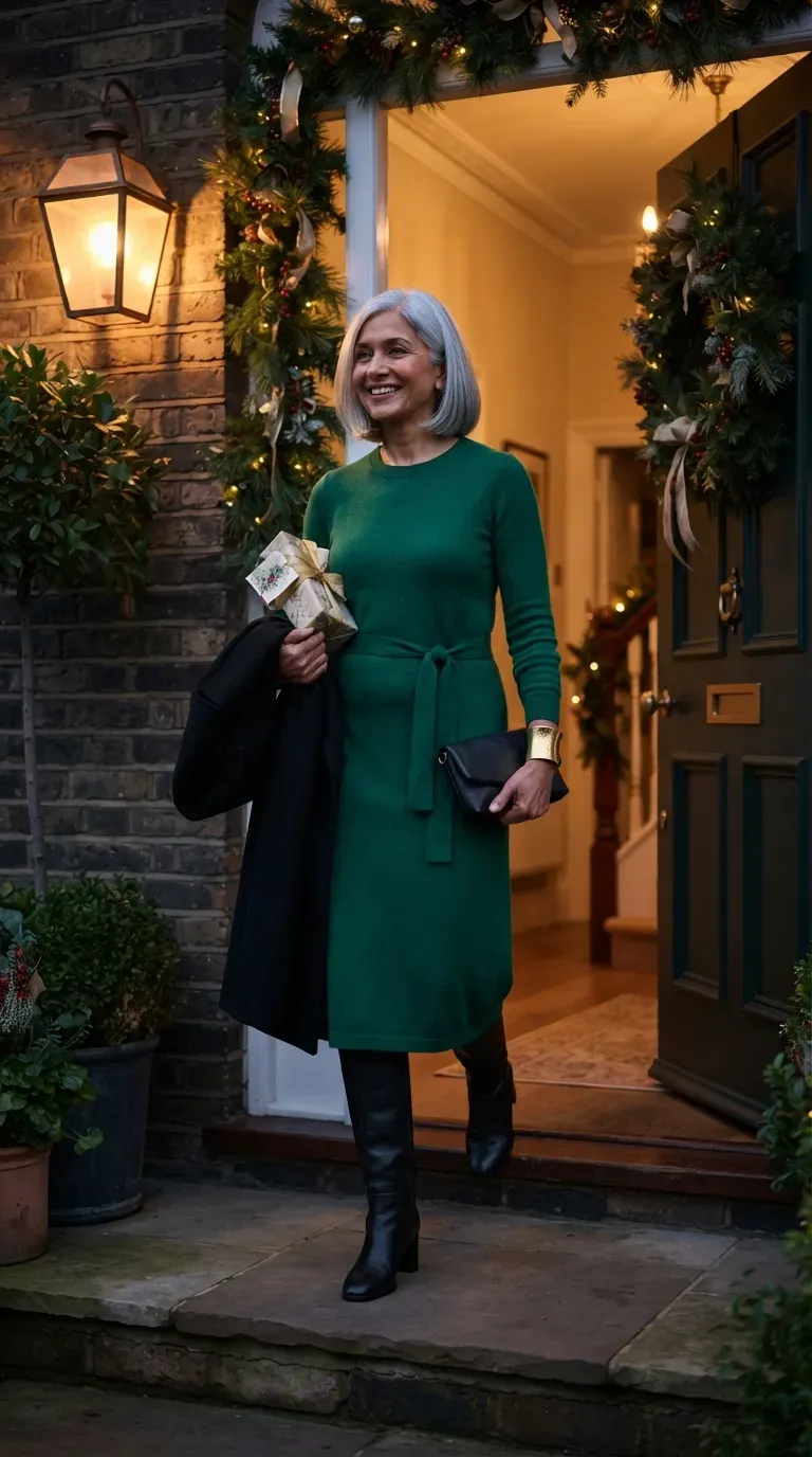 Woman over 50 in navy satin slip skirt and ivory cardigan at a holiday brunch