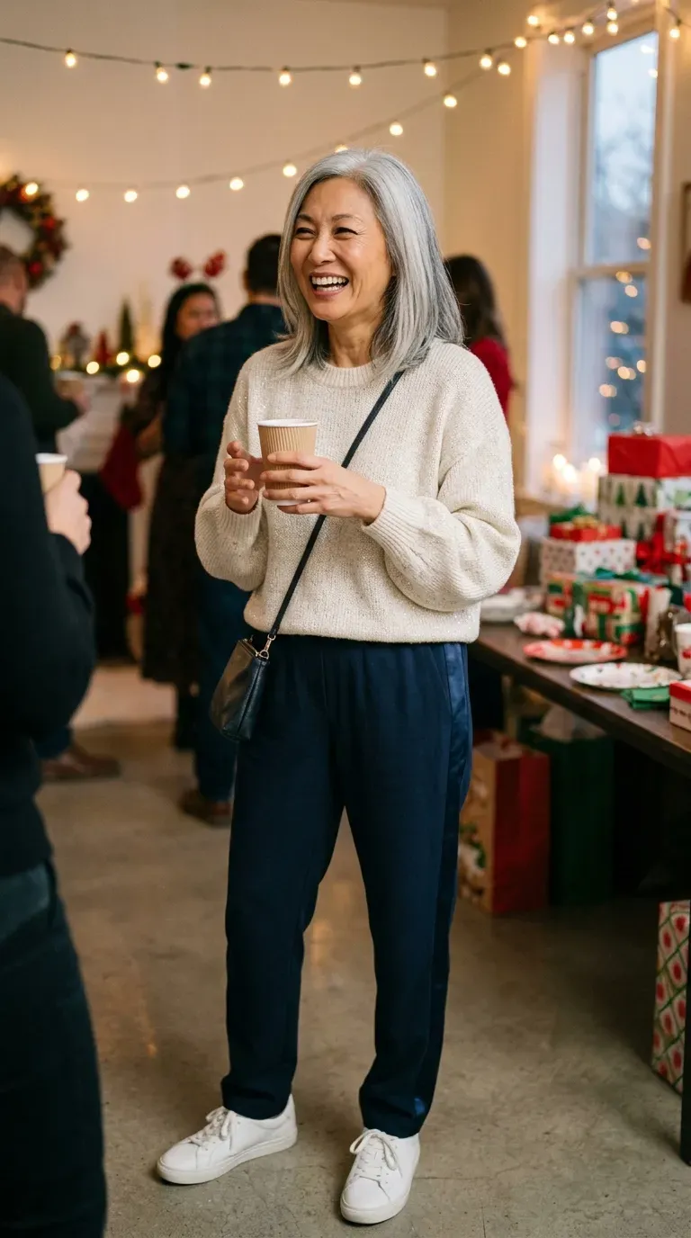 Asian woman in navy satin track pants and a sparkle sweater with white sneakers at a casual party