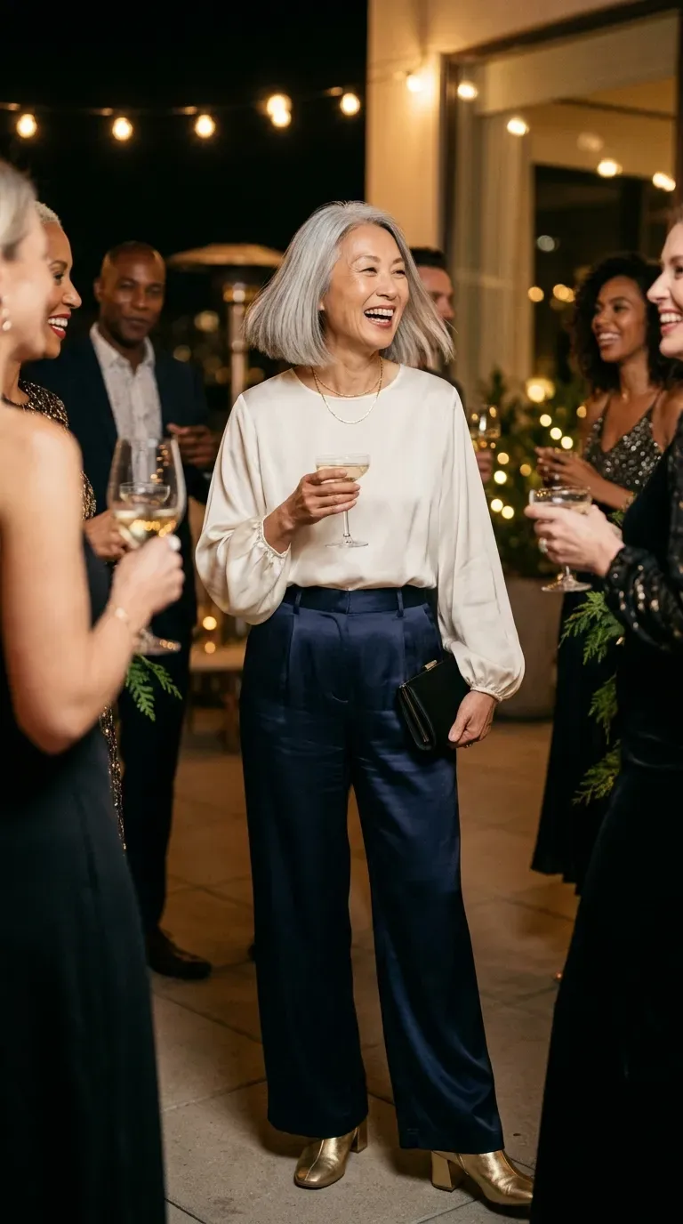 Woman over 50 in navy satin wide-leg trousers, ivory blouse and gold heels at a party