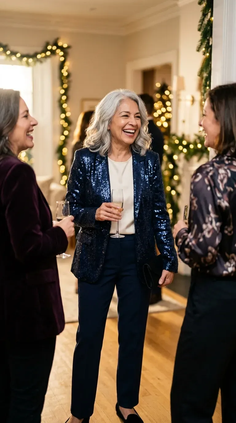 Woman over 50 in navy sequin blazer, cream tee and navy trousers on a girls night out