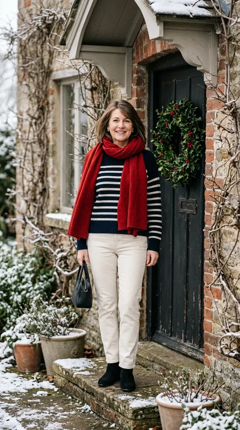 Woman over 50 in navy stripe sweater, cream jeans and red scarf for a Christmas card photo