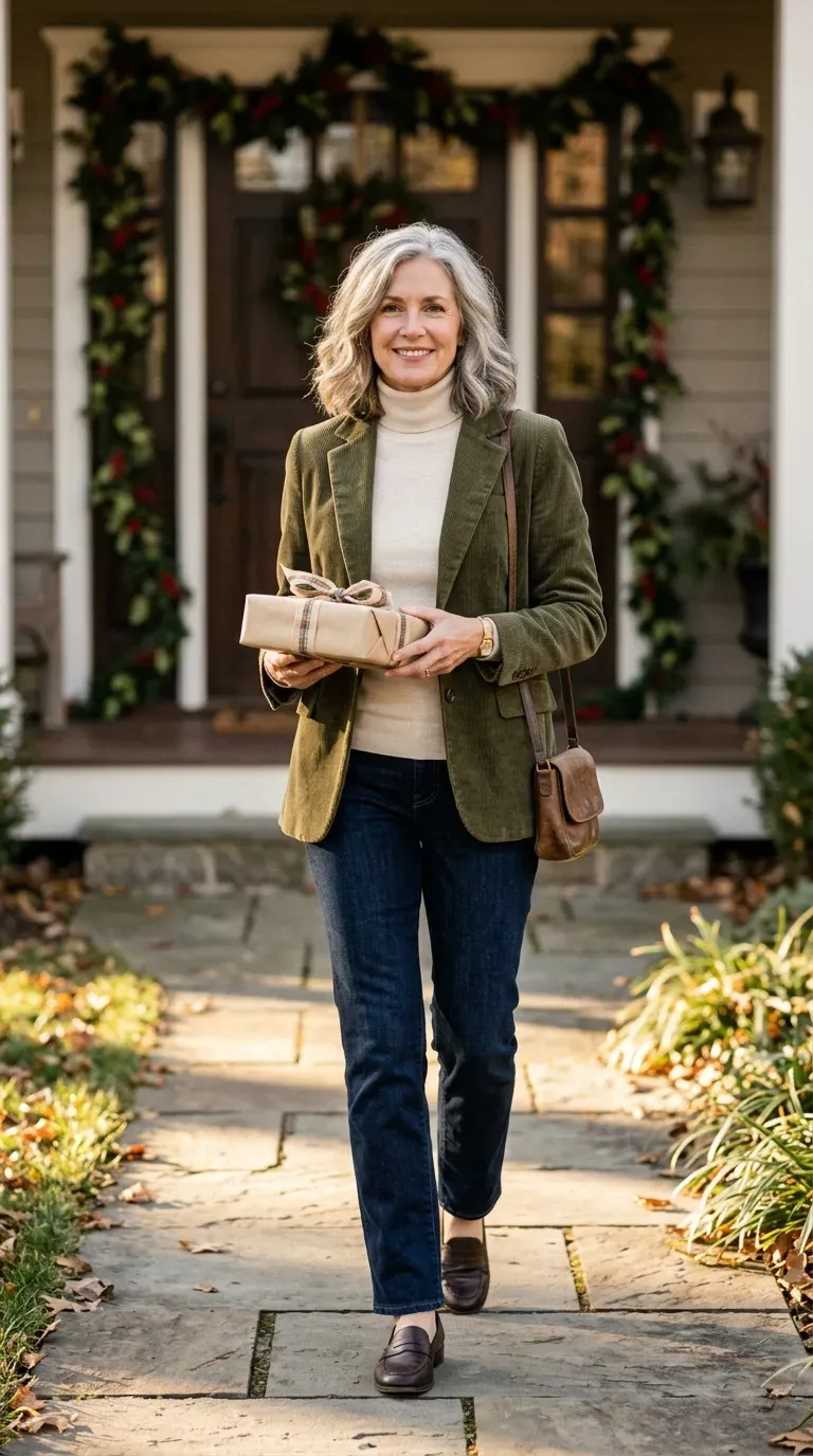 Woman over 50 in navy stripe sweater and cream trousers at a Christmas family visit