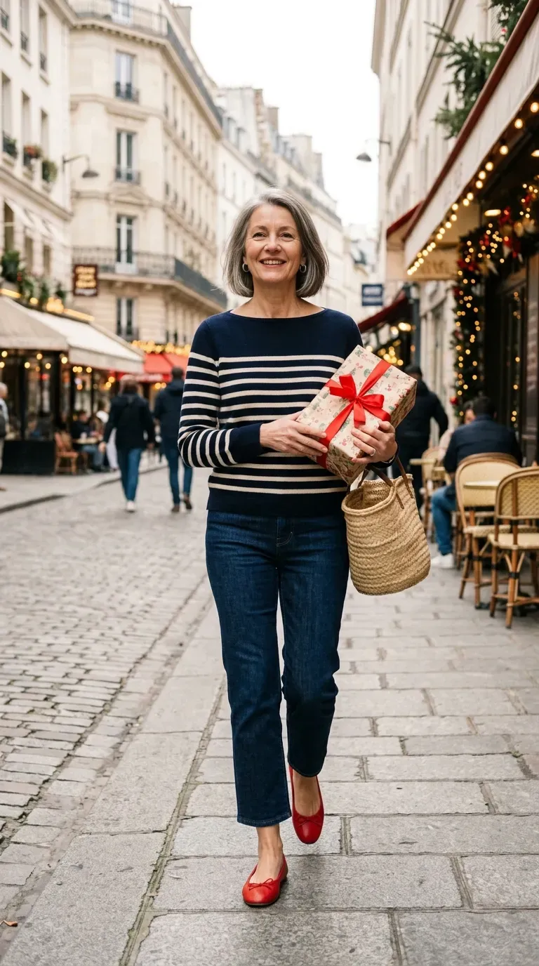 Woman over 50 in navy striped sweater and cropped jeans carrying a wrapped gift on a festive street