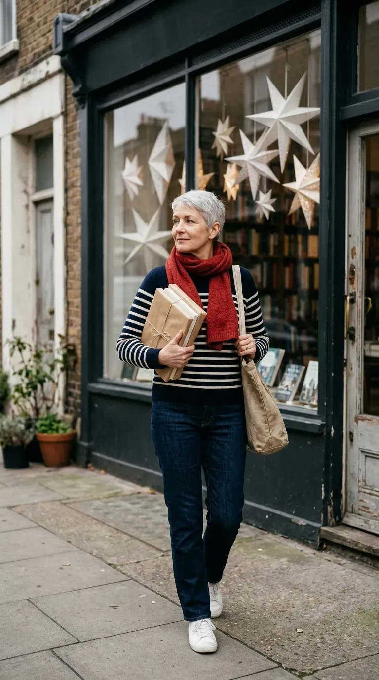 Woman in navy and cream striped sweater with straight jeans and red scarf near a bookshop