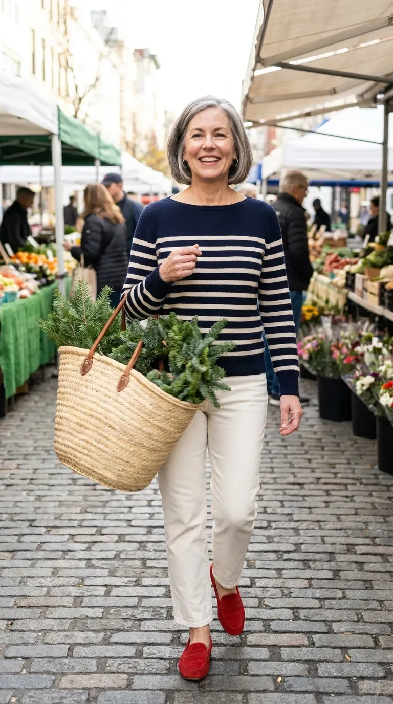 Woman over 50 in navy striped top and ivory jeans at a holiday farmers market